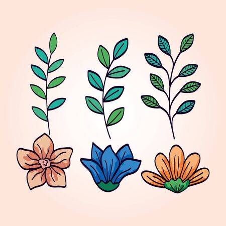 set of cute flowers with branches and leaves vector illustration designのイラスト素材