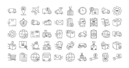 bundle of fast delivery and free delivery line style icons vector illustration designのイラスト素材