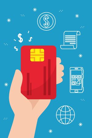 Hand holding credit card and icons design of Commerce market store shop retail buy paying banking and consumerism theme Vector illustrationのイラスト素材