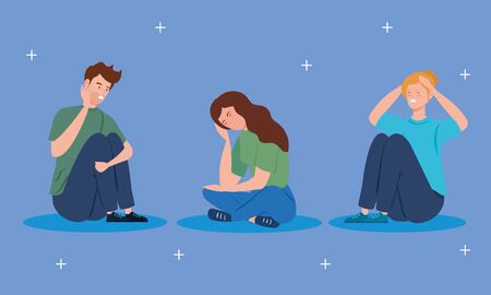 young people sitting in floor with stress attack vector illustration designのイラスト素材