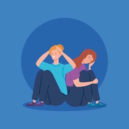 women sitting in floor with stress attack vector illustration designのイラスト素材