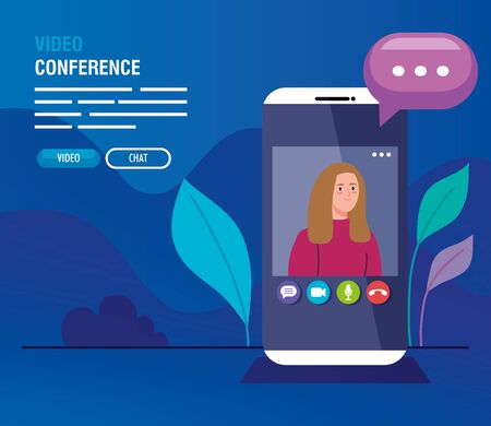 young woman in video conference in smartphone illustration designのイラスト素材