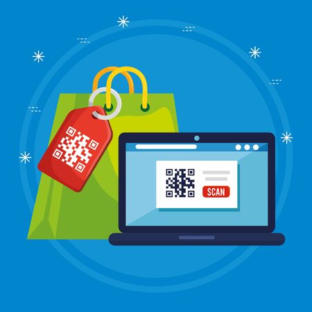 qr code label bag and laptop design of technology scan information business price communication barcode digital and data theme Vector illustrationのイラスト素材