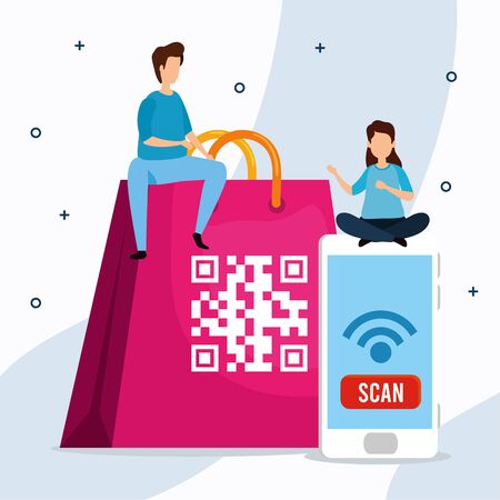 people with code qr and icons vector illustration designのイラスト素材