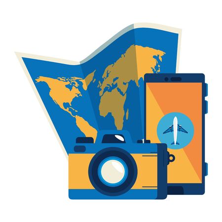 paper map with smartphone and camera photography vector illustration designのイラスト素材
