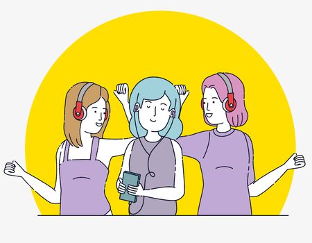 happy girls with modern headphones and smartphone to listen to music, vector illustrationのイラスト素材