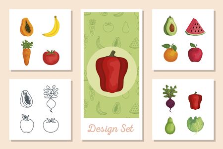 set of designs fresh with vegetables and fruits vector illustration designのイラスト素材