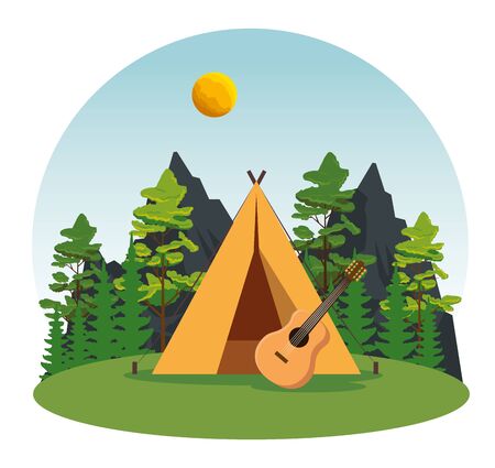 camp with guitar and nature landscape explore to wanderlust adventure vector illustrationのイラスト素材