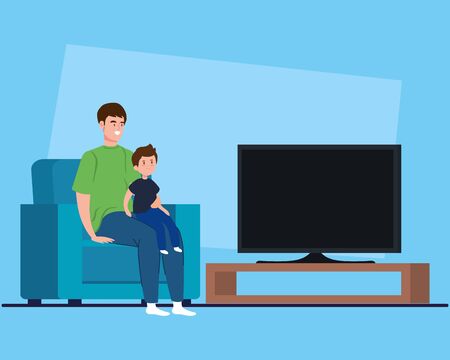 campaign stay at home with father and son watching tv vector illustration designのイラスト素材