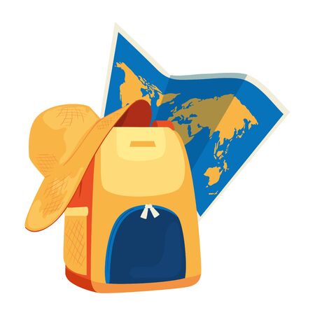 paper map with backpack and summer hat female vector illustration designのイラスト素材