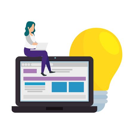 woman with laptop and light bulb vector illustration designのイラスト素材