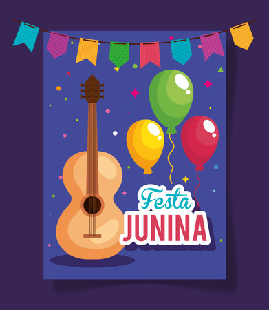 festa junina poster with guitar and icons traditional vector illustration designのイラスト素材