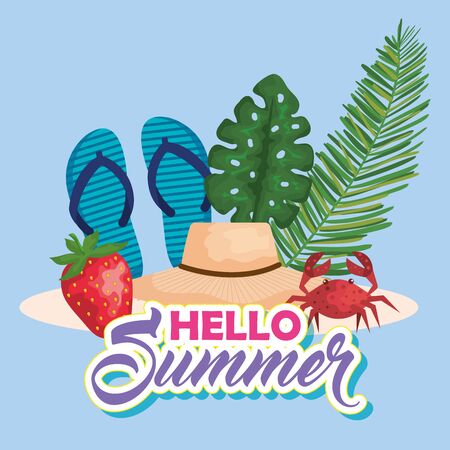 flip-flop with strawberry fruit and hat with crab and leaves to summer time vector illustrationのイラスト素材
