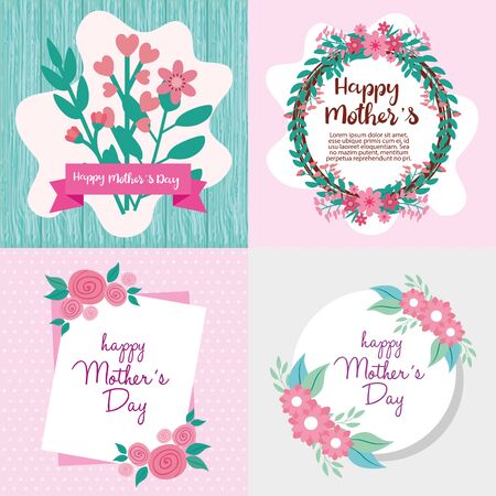 set cards of happy mother day with flowers decoration vector illustration designのイラスト素材