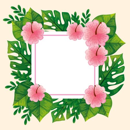 frame of cute flowers pink with branches and leafs vector illustration designのイラスト素材
