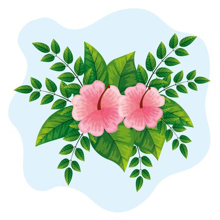 cute flowers pink with branches and leafs naturals vector illustration designのイラスト素材
