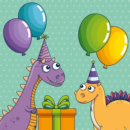 carnotaurus and stegosaurus with party hat and balloons to happy birthday vector illustrationのイラスト素材