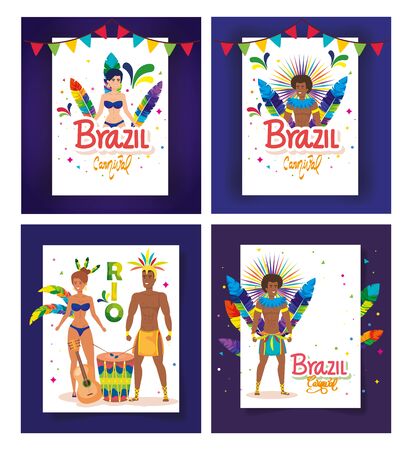 set of poster carnival brazil with decoration vector illustration designのイラスト素材