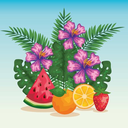 flowers with exotic fruits and tropical leaves background to summer banner vector illustrationのイラスト素材