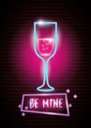 cup of glass in neon light, valentine day vector illustration designのイラスト素材