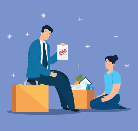 couple sad fired of work with box vector illustration designのイラスト素材