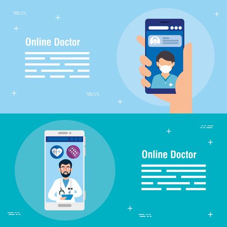set poster of medicine online technology with icons vector illustration designのイラスト素材