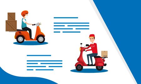 set banner with delivery workers in motorcycles vector illustration designのイラスト素材