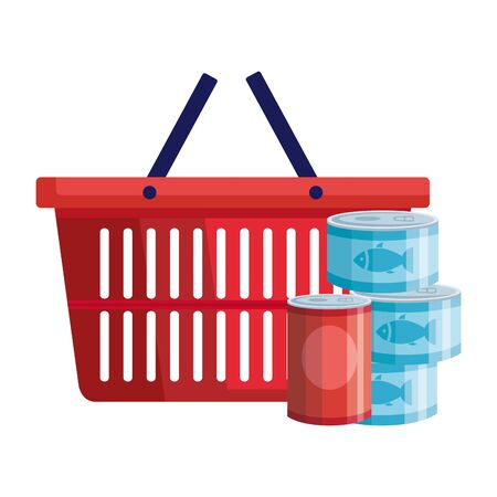 set of cans tuna food with basket shopping vector illustration designのイラスト素材