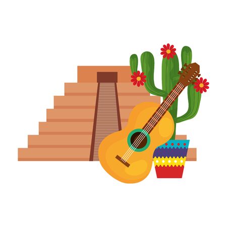 Mexican pyramid cactus and guitar design, Mexico culture tourism landmark latin and party theme Vector illustrationのイラスト素材