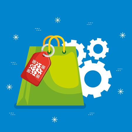qr code label bag and gears design of technology scan information business price communication barcode digital and data theme Vector illustrationのイラスト素材