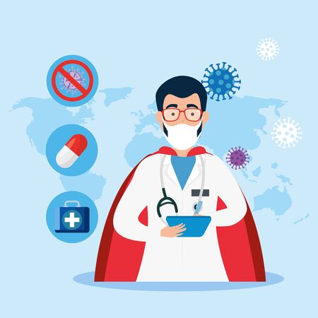 super doctor male with hero cloak and icons vector illustration designのイラスト素材