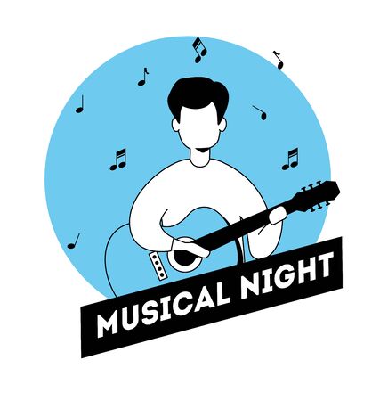 man with guitar and musical night label vector illustration designのイラスト素材