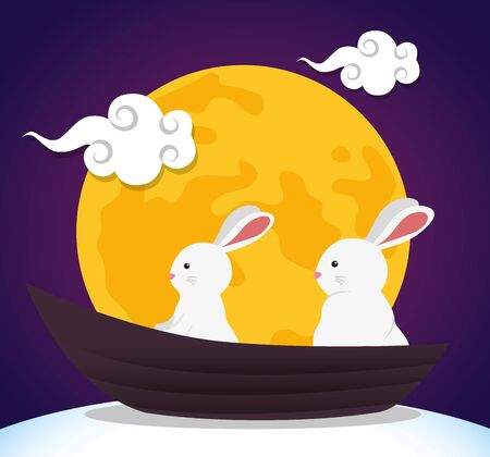 rabbits together with moon and clouds decoration over purple background, vector illustrationのイラスト素材