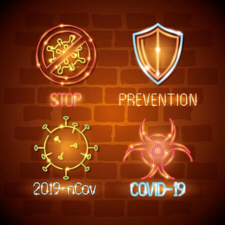 set icons of 2019 ncov of neon light vector illustration designのイラスト素材