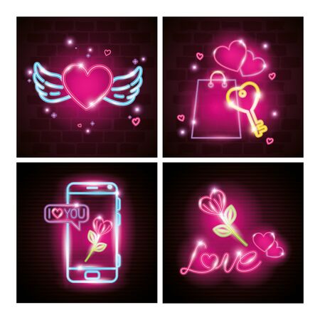 cards of valentine in neon light, valentines day vector illustration designのイラスト素材