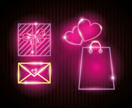 set of valentine icons in neon light vector illustration designのイラスト素材