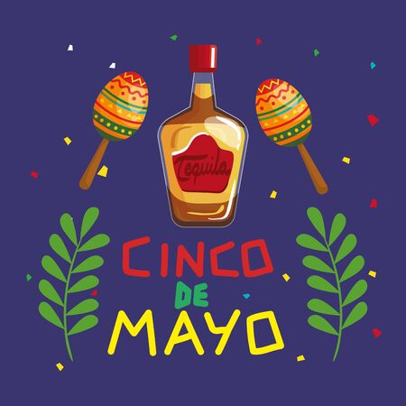 cinco de mayo poster with bottle tequila and decoration vector illustration designのイラスト素材