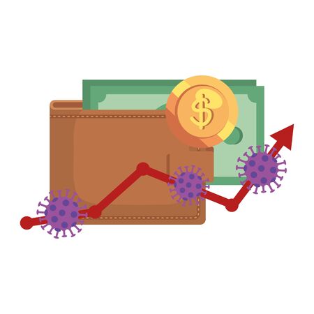 stock market variation by covid 19 with wallet and icons vector illustration designのイラスト素材