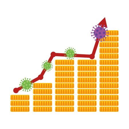 stock market variation by covid 19 with pile coins and icons vector illustration designのイラスト素材