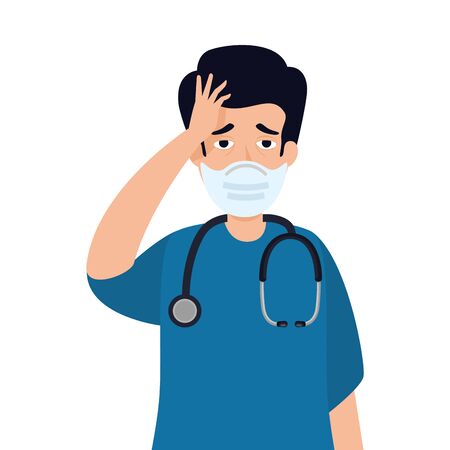 male paramedic using face mask with headache vector illustration designのイラスト素材