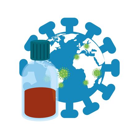 world planet with particles covid 19 and bottle medicine vector illustration designのイラスト素材