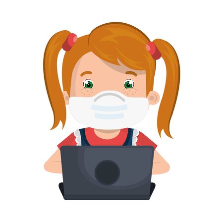 girl using face mask with laptop studying online vector illustration designのイラスト素材