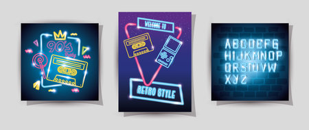 set of video game nineties retro style of neon light vector illustration design