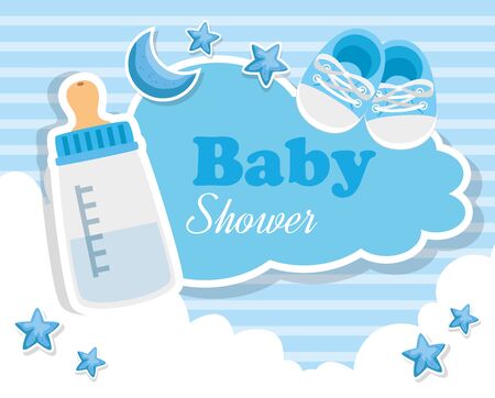 baby shower card with bottle milk and icons vector illustration designの写真素材