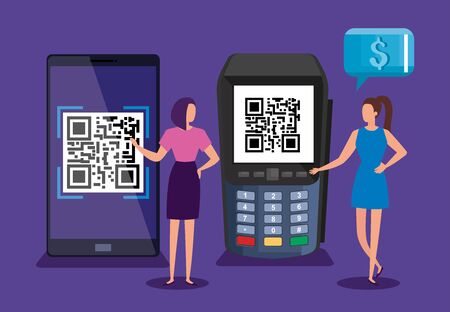 scan code qr smartphone and dataphone with business women vector illustration designの写真素材