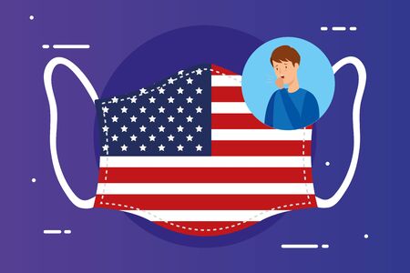 man sick with face mask usa flag covid19 vector illustration designの写真素材