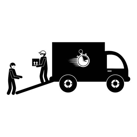 Silhouette of delivery workers using face mask and truck vehicleの写真素材