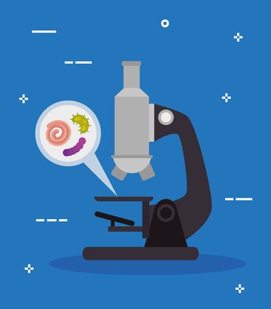microscope with particles covid 19 and microorganisms vector illustration designの写真素材
