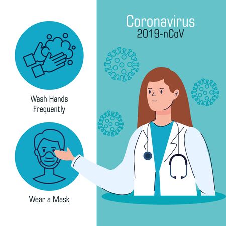 doctor female with set of recommendations for covid 19 vector illustration designのイラスト素材