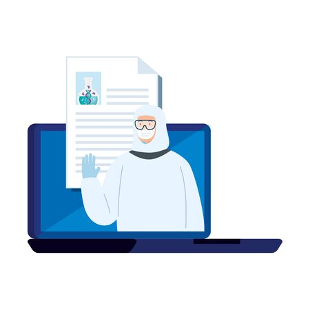 person with biohazard suit protection in laptop vector illustration designのイラスト素材